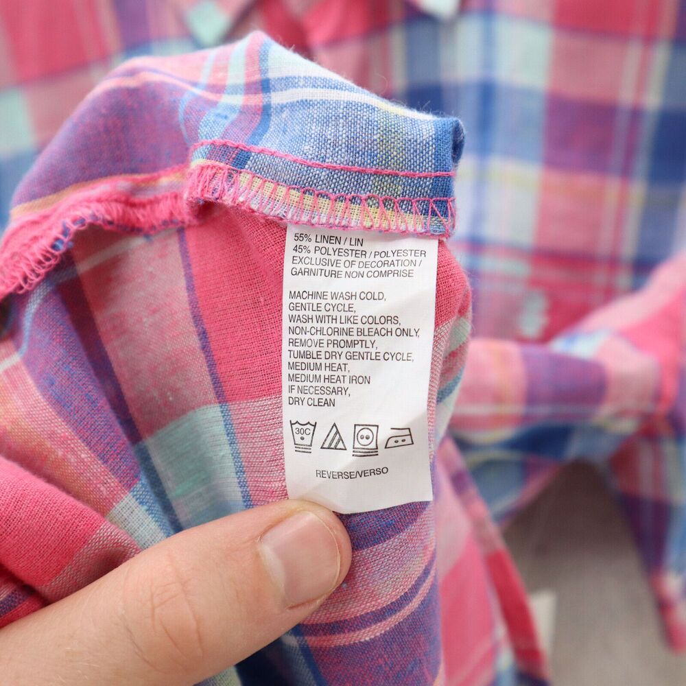 Izod Madras Linen Blend Shirt Mens Large Pink & Blue Plaid SS Lightweight Preppy - Picture 4 of 7
